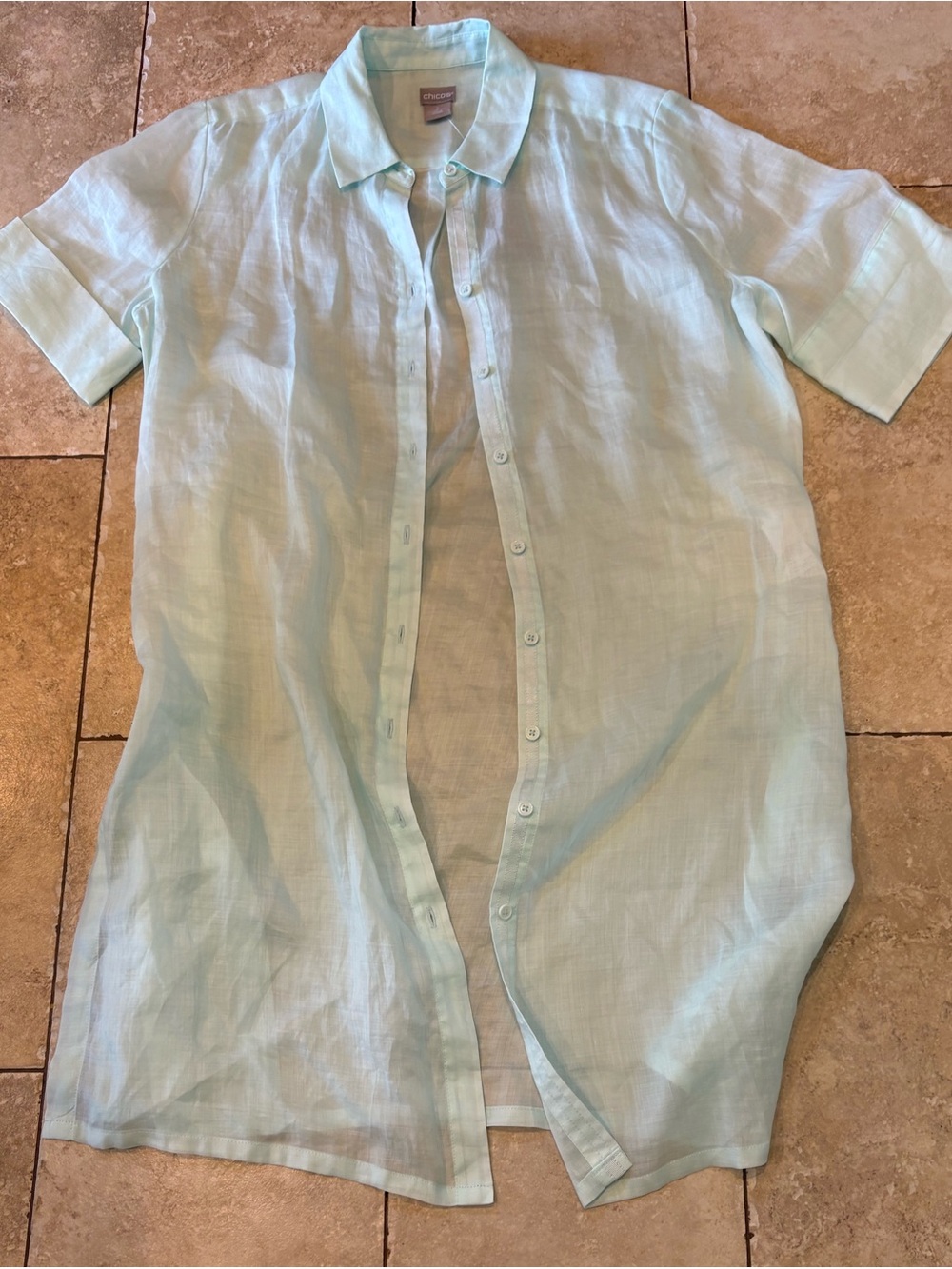 Chico's Pale Aqua Linen Short-Sleeve Button-Down Shirt
